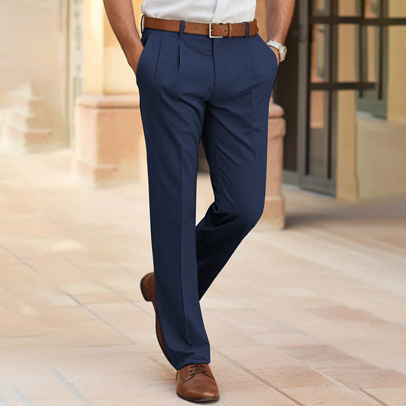 Men's Casual Suit Pants Mid Waist Straight Long Fit