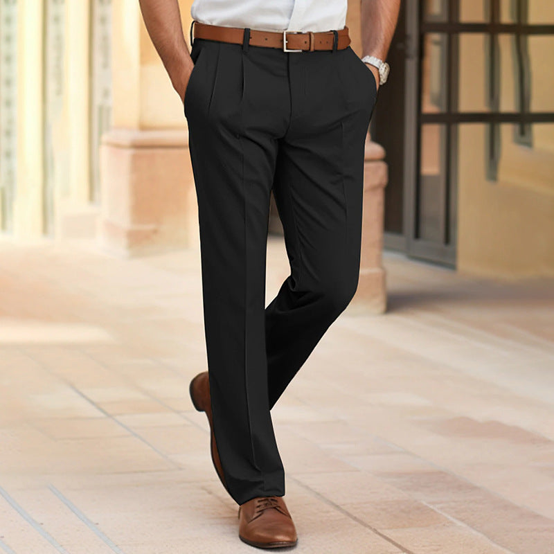 Men's Casual Suit Pants Mid Waist Straight Long Fit