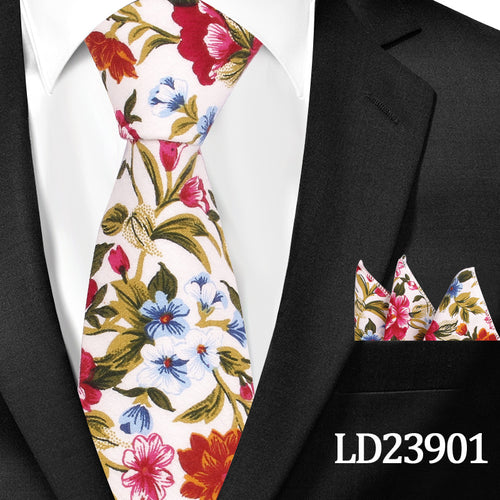 Cotton Floral Print 6cm Casual Tie And Pocket Square