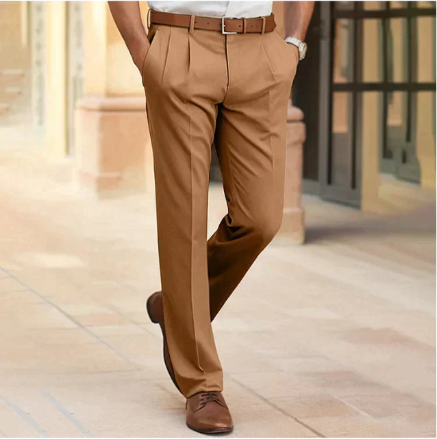 Men's Casual Suit Pants Mid Waist Straight Long Fit