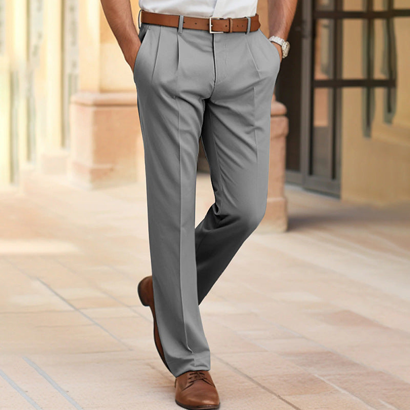 Men's Casual Suit Pants Mid Waist Straight Long Fit